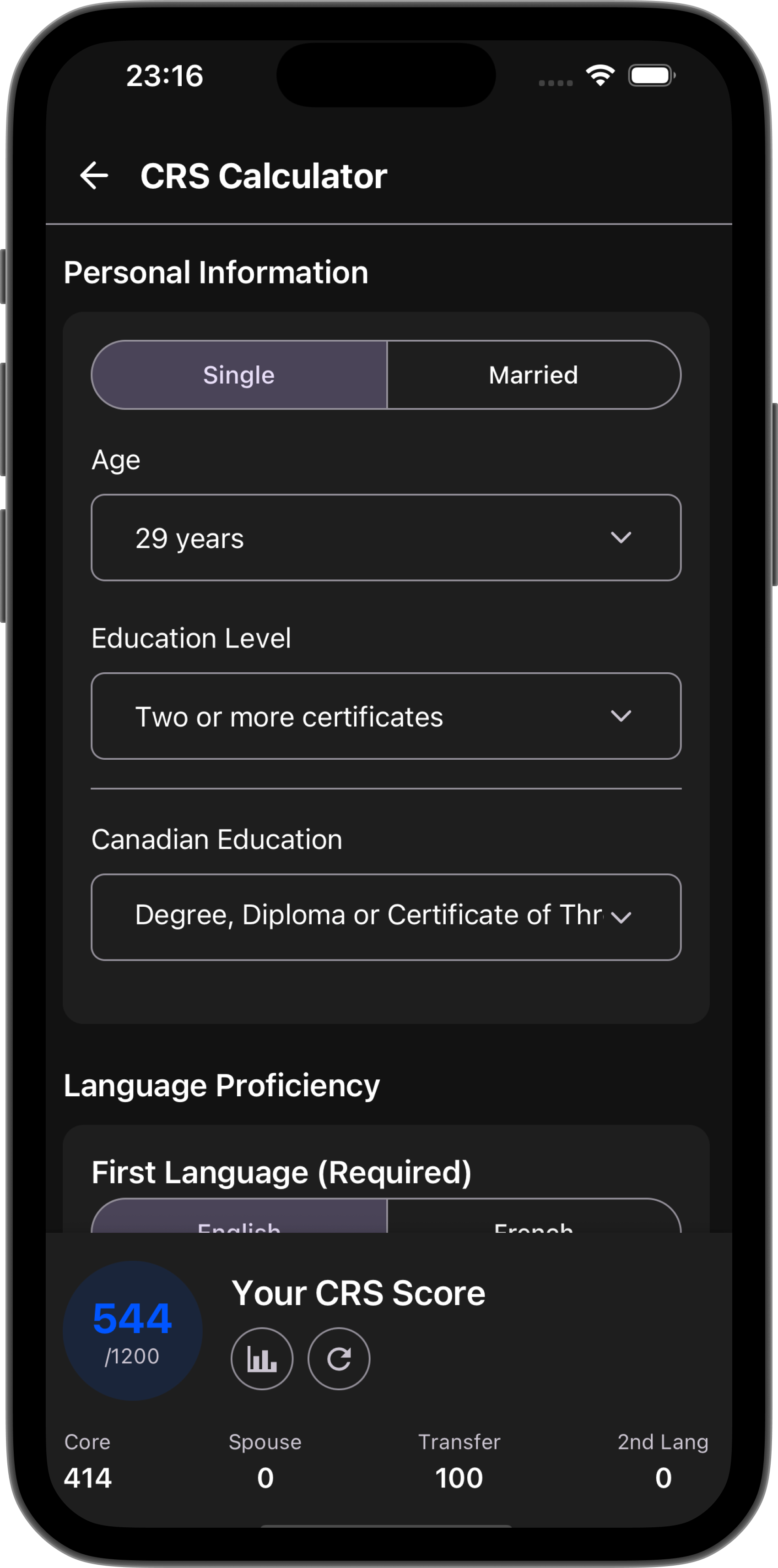 CRS Score Calculator screen