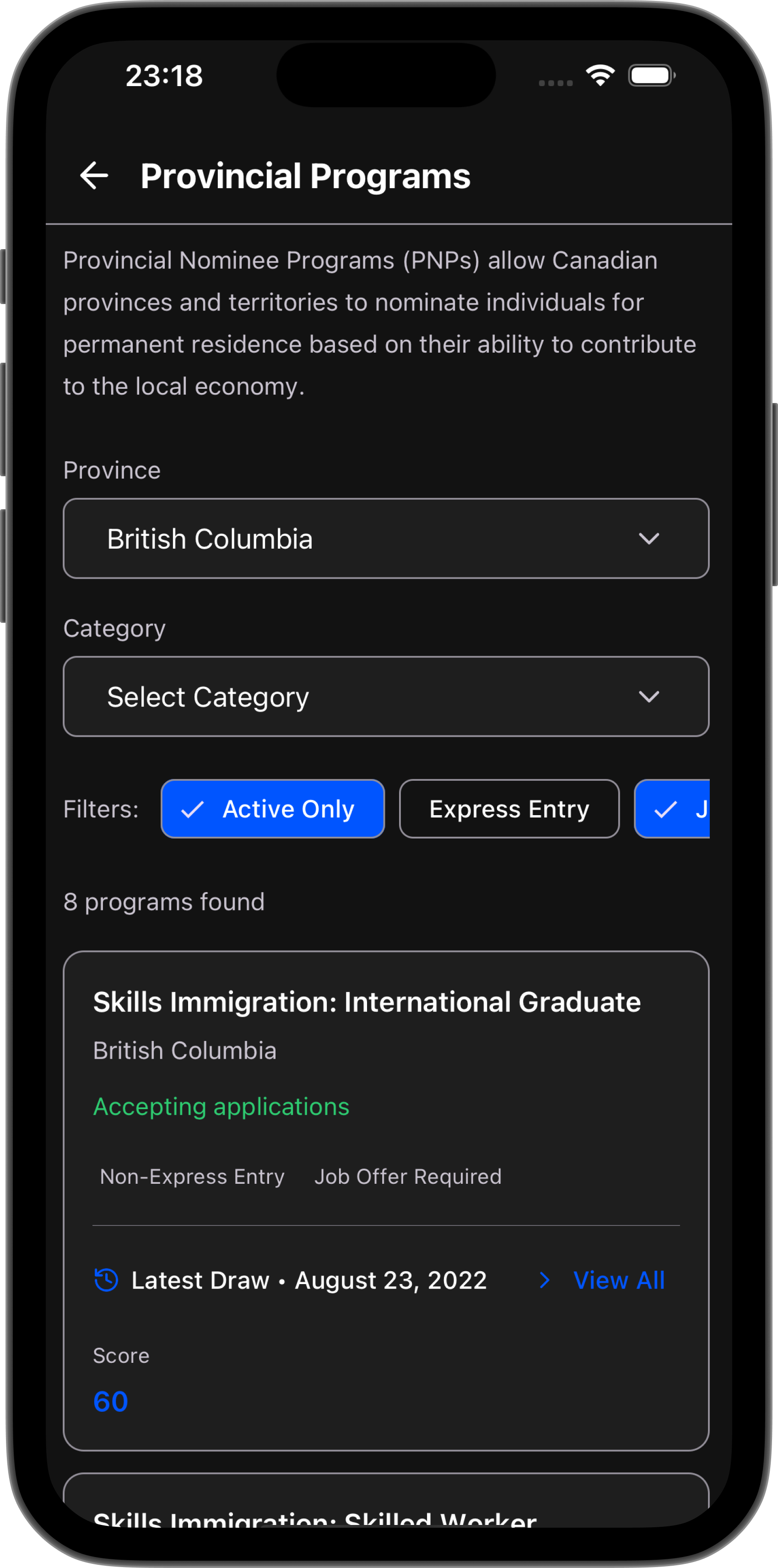 Provincial Nominee Program screen
